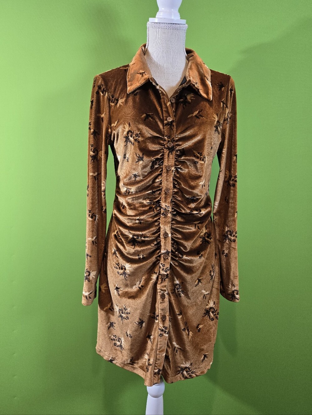 House of Harlow 1960 Velvet Ruched Mini Dress Brown Floral Long Sleeve MEDIUM - Picture 3 of 11